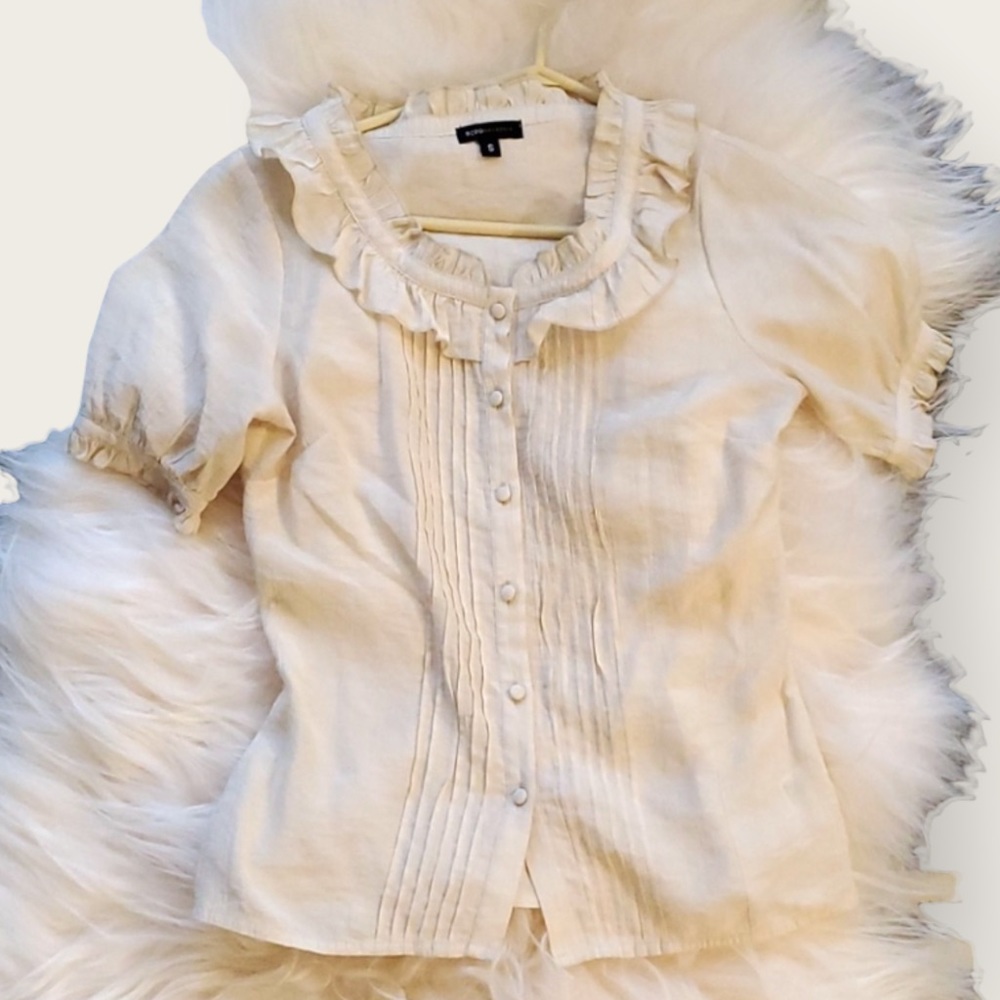 BCBGMaxAzria Cream Ruffle-Trim Button Front Blouse